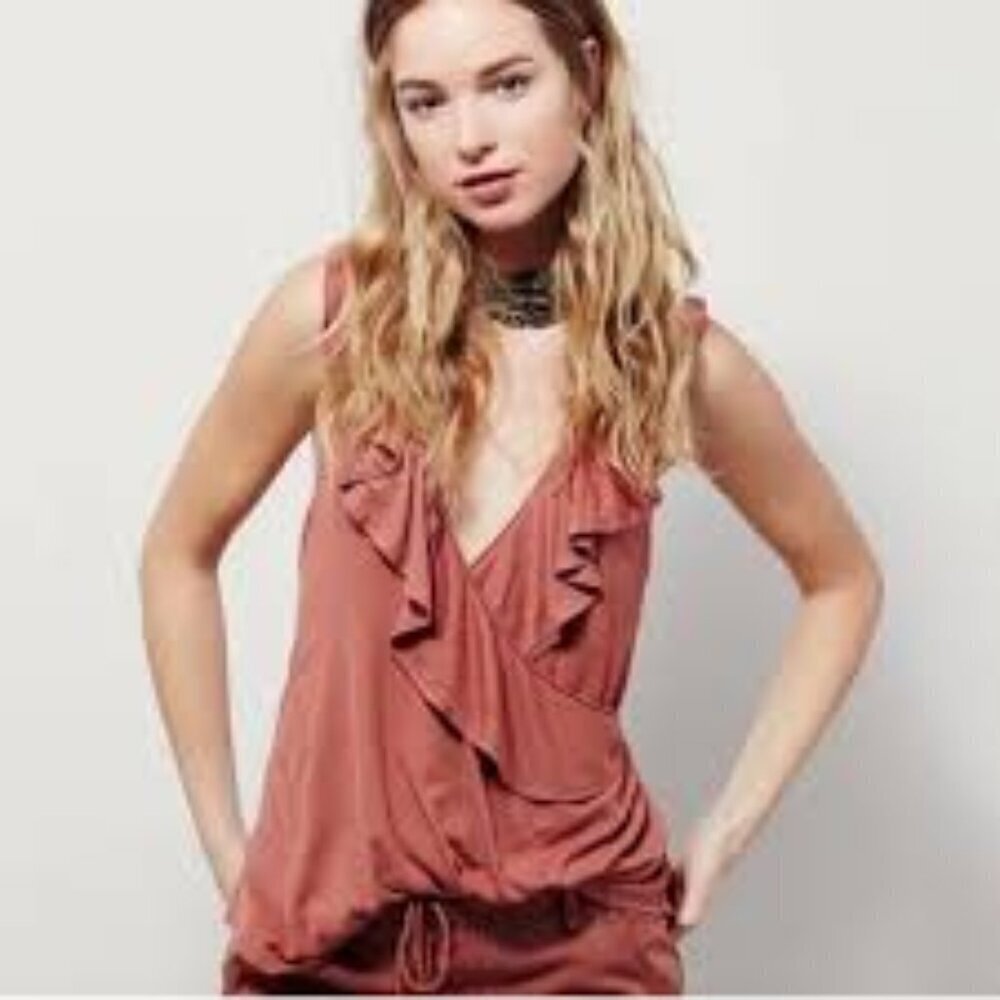 Free People Plunge Neckline Bohemian Clementine Ruffle Wrap Tank Top Clay Large